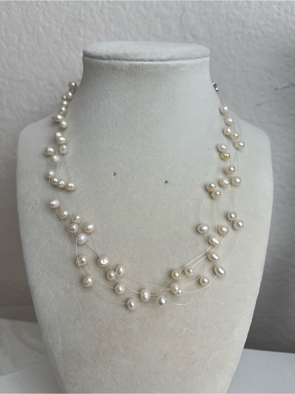 Lia Sophia Floating White Faux Pearls Multi Strand Choker Necklace 15-18 Inches